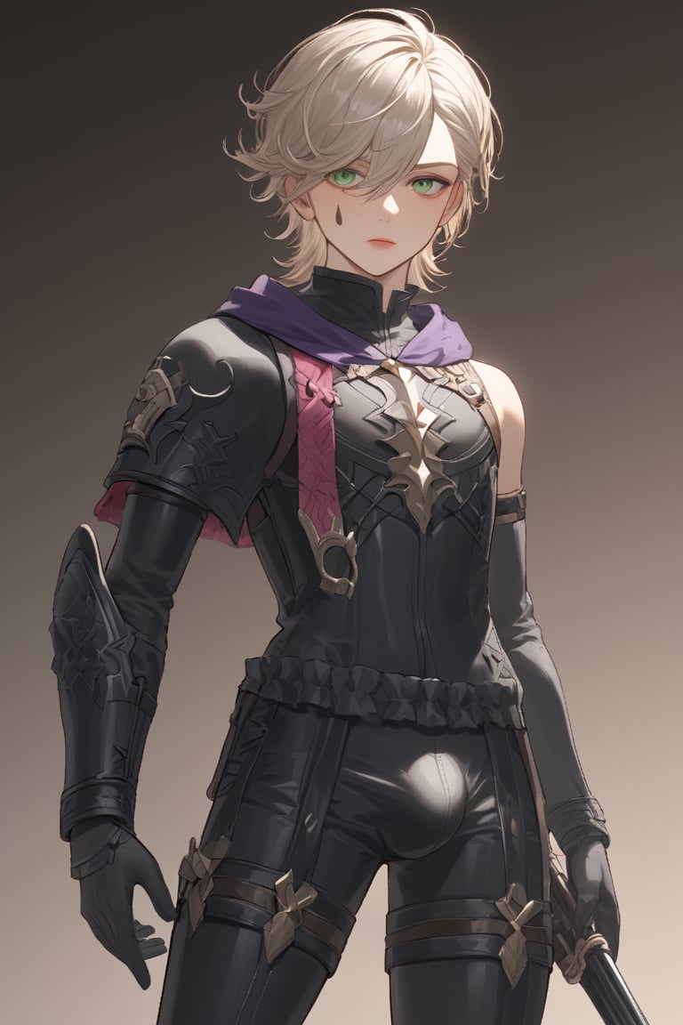 In a valley bathed in the warm glow of two setting suns on a distant planet, a young man with short grey hair and piercing green eyes, clad in a black bodysuit and rinoceros-shaped armor, dashes forth. His androgynous features are highlighted by high cheekbones and a subtle jawline as he grasps black globes containing a shotgun at the ready. The determined expression on his handsome face is set amidst mid-length hair blown back, revealing a glimpse of blonde locks beneath. Bulge-panted leather boots enhance his powerful yet agile appearance. Soft light lipstick adds a touch of sweetness to his sparkling green eyes, which seem to shine like the twin suns above.