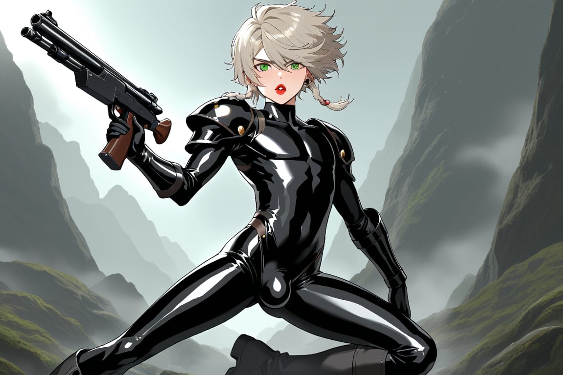 In a distant two-suns planet's alien valley, a young man with short grey hair and piercing green eyes, donning a rinoceros-shaped armor and black bodysuit, dashes forth. His androgynous features are accentuated by high cheekbones and a subtle jawline. He grasps black globes that hold a shotgun at the ready, his handsome face set in a determined expression. Mid-length hair blows back as he runs, revealing a glimpse of blonde locks beneath. Bulge-panted leather boots make him look both powerful and agile. Light lipstick adds a touch of sweetness to his pretty eyes, which seem to sparkle like the twin suns above.