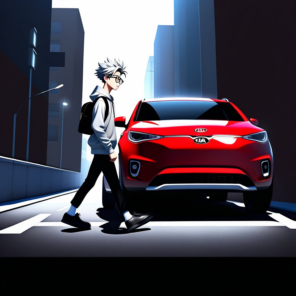 young androgynous boy in black thights lycra leggings and shirt dressed with open light grey hoodie and socks, pale skin, drop frame eyeglasses, hair cut is short youthful in layers for volume and long top strands towards the forehead, bicolor loafers, walking in a street with his laptop bag and a kia k3 red color car parked behind him,3d pixar style,Car

