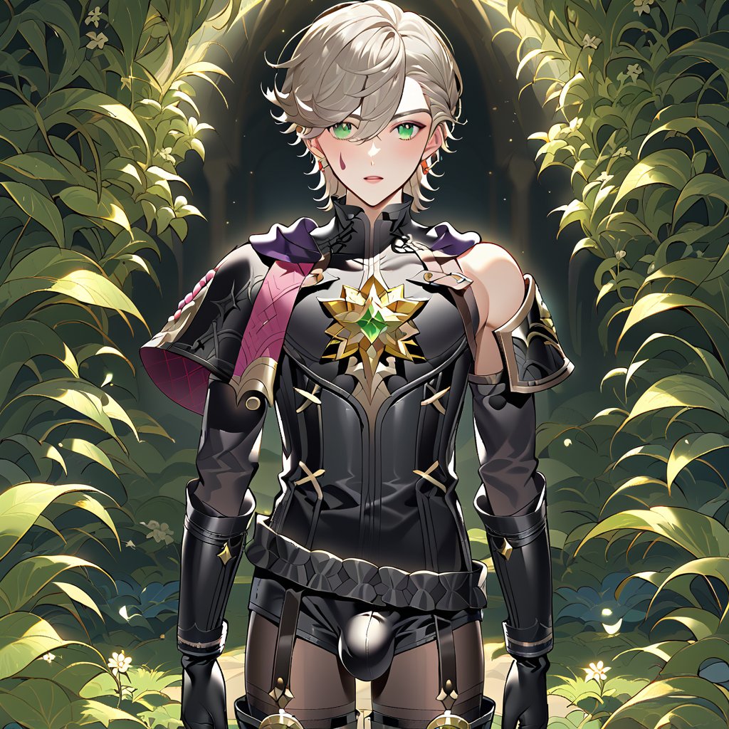 In a valley's warm twilight, two setting suns cast a golden glow on a distant planet. A young man with short grey hair and piercing green eyes dashes forth, clad in black bodysuit and rinoceros-shaped armor. His androgynous features stand out amidst mid-length blown-back hair, revealing blonde locks beneath. He grasps black globes containing a shotgun at the ready, his determined expression set against the backdrop of soft, high-angled lighting and the valley's lush landscape. Bulge-panted leather boots accentuate his powerful yet agile physique as he moves with purpose, his sparkling green eyes shining like the twin suns above, subtly enhanced by soft light lipstick.