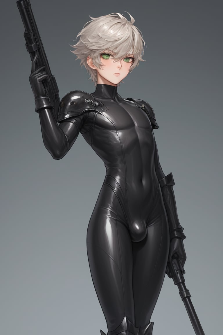 In a distant two-suns planet's alien valley, a young man with short grey hair and piercing green eyes, donning a rinoceros-shaped armor and black bodysuit, dashes forth. His androgynous features are accentuated by high cheekbones and a subtle jawline. He grasps black globes that hold a shotgun at the ready, his handsome face set in a determined expression. Mid-length hair blows back as he runs, revealing a glimpse of blonde locks beneath. Bulge-panted leather boots make him look both powerful and agile. Light lipstick adds a touch of sweetness to his pretty eyes, which seem to sparkle like the twin suns above.