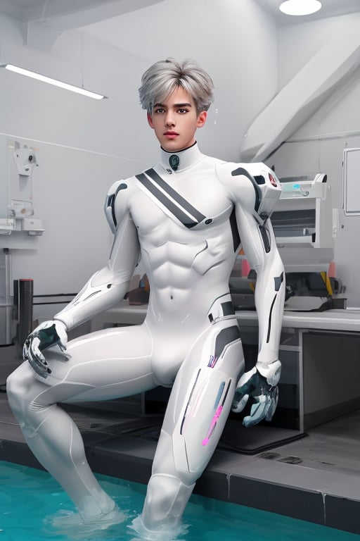 young android boy, androgynous, slightly surprice expression, emerald eyes, steel-grey hair color, discrete pink nose lips and knees, his body being assembled in a laboratory with white walls or domed shapes, the pieces of his mechanical and white-skinned organic body come out through mechanical arms from a pool of liquid under his body, epic style,Sci Fi,(MkmCut),cute blond boy