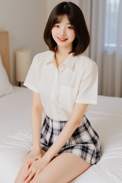 (1girl, solo, looking at viewer, smile, short hair, skirt, brown hair, shirt, sitting, short sleeves, teeth, indoors, grin, plaid, light colour shirt, bed, on bed, plaid skirt, realistic, high details, masterpiece, bokeh, safe for work)