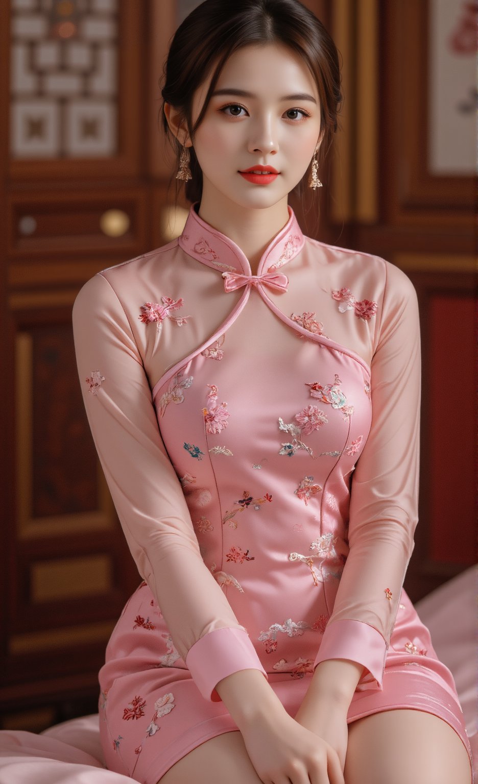 (A youthful & gorgeous Korean-Japanese beauty, Pink Cheongsam, Traditional Qipao dress, intricate patterns, Long Translucent silky sleeves. Indoor. Night. Sitting on a bed. Looking at the viewer. Natural pose, kind smile. 

award winning, anatomically correct, high quality, quality, high details, detail, super detailed, Beautiful detailed face. Beautiful detailed eyes. Beautiful detailed facial features. Beautiful Face. Porcelain Complexion. Short Bob Hair. Side Ponytail. Ample round bosom. Anatomically correct.

Warm, soft-boiled lighting. Masterpiece. Face Close-up. Cowboy shot. Head-to-toe. Bokeh. SAFE FOR WORK. SFW.)