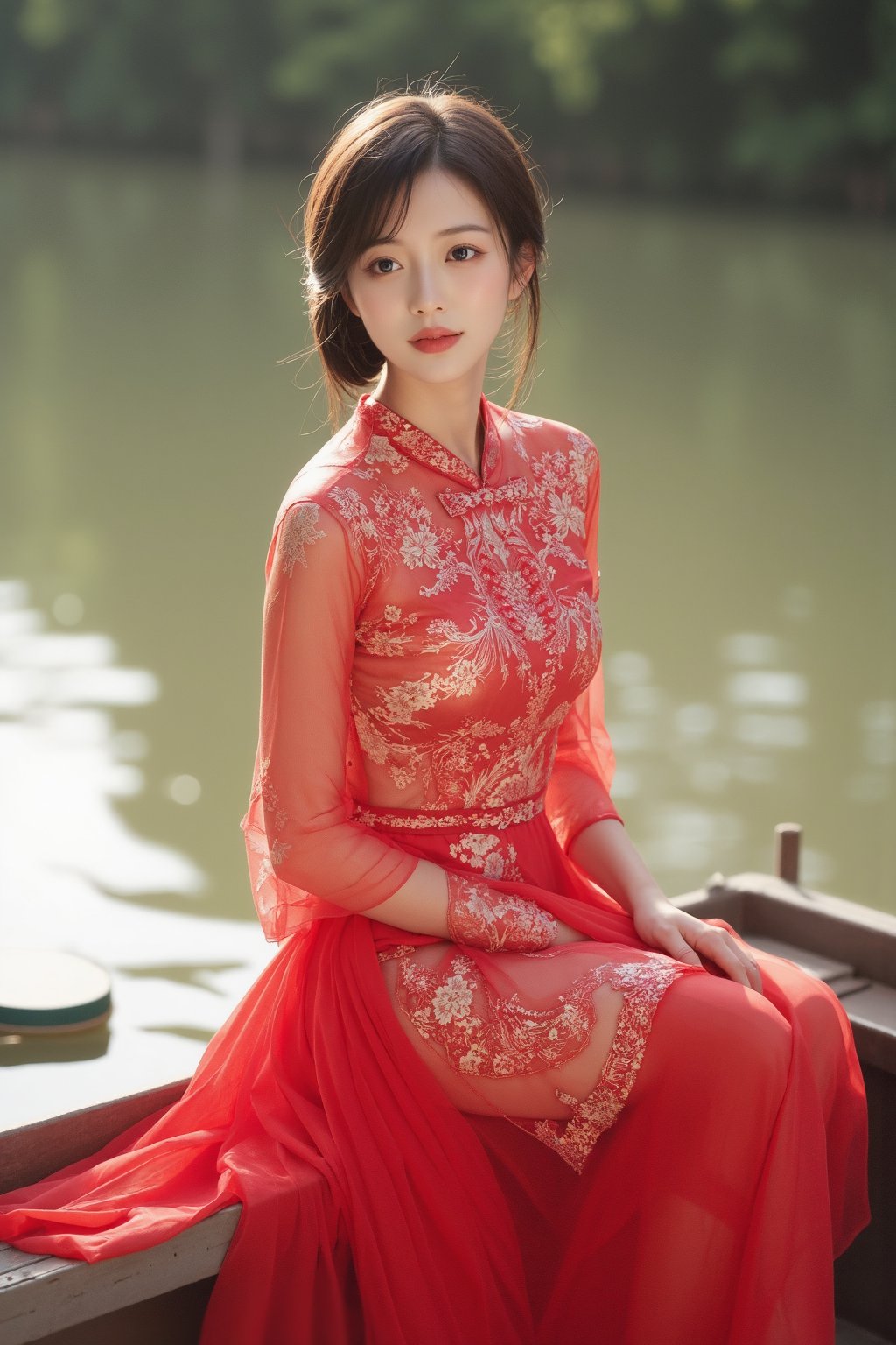 (A youthful & gorgeous Korean-Japanese beauty, Fashion model, Vibrant Red Traditional Qipao, Cheongsam, Chinese dress, Intricate patterns, Translucent silky sleeves, sits on a boat, river, Morning Dawn, Looking at the viewer, Natural pose, Kind smile, Feminine, gentle expression.

High quality, quality, high details, detail, super detailed, Beautiful detailed face, beautiful face, beautiful detailed facial features, beautiful detailed eyes, porcelain Complexion, short Bob Hair, Side Ponytail, Hourglass Figure, Anatomically correct, head-to-knee.

Natural lighting, Vivid Colours, High Angle Shot, Cowboy shot, Close-up Shot, Award-winning, Masterpiece, Bokeh background, SAFE FOR WORK. SFW.)