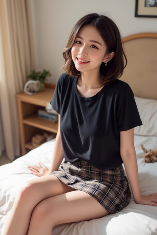 1girl, solo, looking at viewer, smile, short hair, skirt, brown hair, shirt, sitting, short sleeves, teeth, indoors, grin, plaid, black shirt, bed, on bed, plaid skirt, realistic