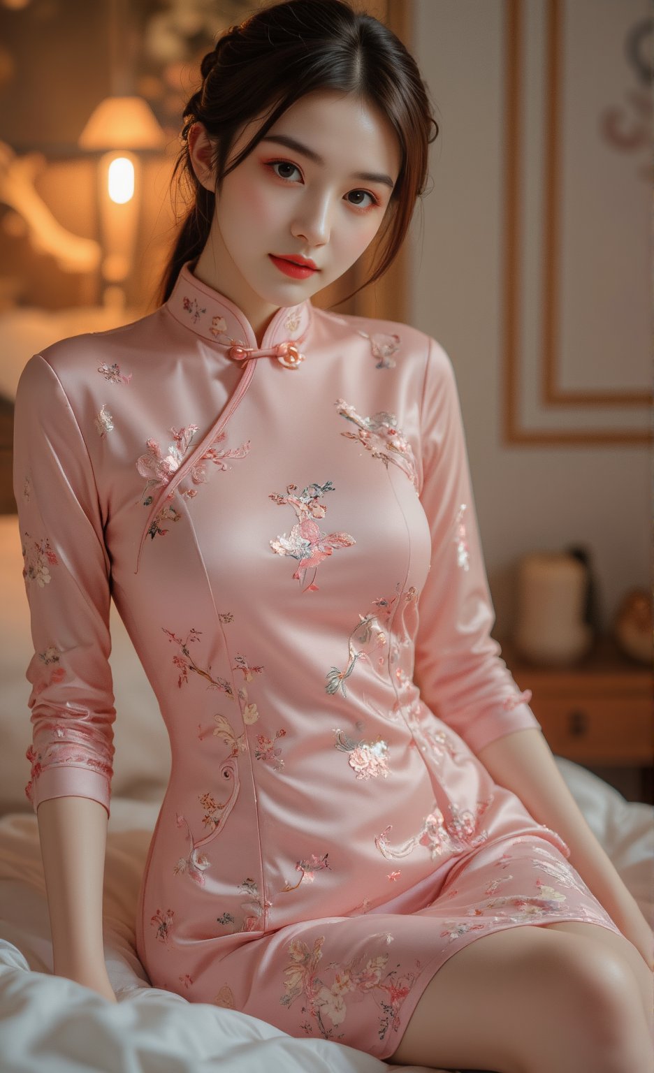 (A youthful & gorgeous Korean-Japanese beauty, Pink Cheongsam, Traditional Qipao dress, intricate patterns, Long Translucent silky sleeves. Indoor. Night. Sitting on a bed. Looking at the viewer. Natural pose, kind smile. 

award winning, anatomically correct, high quality, quality, high details, detail, super detailed, Beautiful detailed face. Beautiful detailed eyes. Beautiful detailed facial features. Porcelain Complexion. Short Bob Hair. Side Ponytail. Ample round bosom. Anatomically correct.

Warm, soft-boiled lighting. Masterpiece. Face Close-up. Cowboy shot. Head-to-toe. Bokeh. SAFE FOR WORK. SFW.)