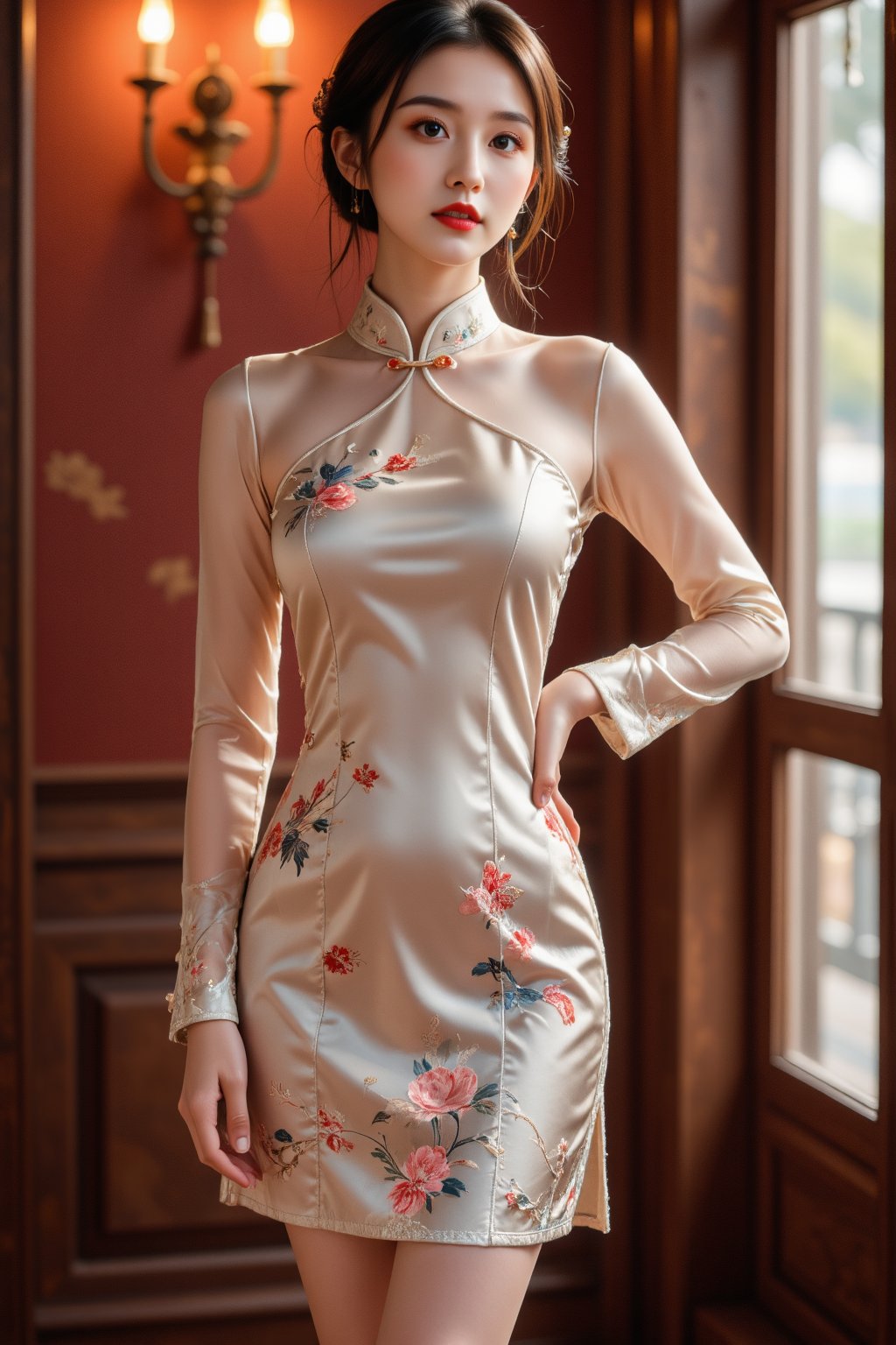 A tranquil Korean-Japanese beauty wears a stunning cheongsam dress with intricate patterns, standing confidently beneath warm, soft-boiled lighting that accentuates her porcelain complexion. Her translucent silky long sleeves drape elegantly, framing her ample round bosom as she strikes a poised pose.