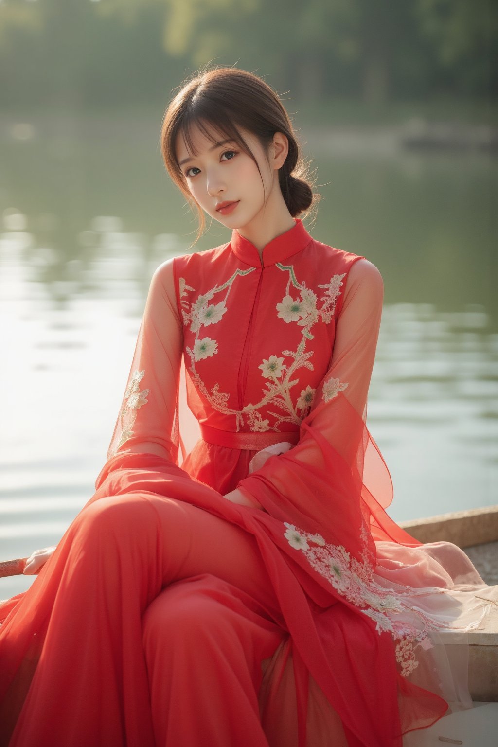 (A youthful & gorgeous Korean-Japanese beauty, Fashion model, Vibrant Red Traditional Qipao, Cheongsam, Chinese dress, Intricate patterns, Translucent silky sleeves, sits on a boat, river, Morning Dawn, Looking at the viewer, Natural pose, Kind smile, Feminine, gentle expression.

High quality, quality, high details, detail, super detailed, Beautiful detailed face, beautiful face, beautiful detailed facial features, beautiful detailed eyes, porcelain Complexion, short Bob Hair, Side Ponytail, Ample round bosom, Hourglass Figure, Anatomically correct, head-to-knee.

Natural lighting, Vivid Colours, High Angle Shot, Cowboy shot, Close-up Shot, Award-winning, Masterpiece, Bokeh background, SAFE FOR WORK. SFW.)