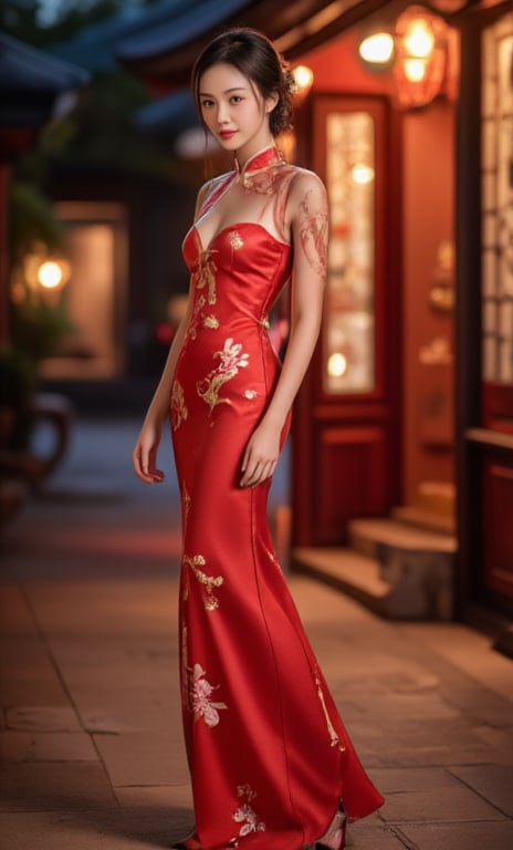 (A youthful & gorgeous Korean-Japanese beauty, Red Cheongsam, Traditional Qipao dress, intricate patterns, Translucent silky sleeves. Outdoor walk, Night Sky. From side. Looking at the viewer.

award winning, anatomically correct, high quality, quality, high details, detail, super detailed, Beautiful detailed face. Beautiful detailed eyes. Beautiful detailed facial features. Porcelain Complexion. Short Bob Hair. Side Ponytail. Red High heels. Ample round bosom. Anatomically correct. Natural pose, kind smile. 

 Warm, soft-boiled lighting. Masterpiece. Head-to-toe. Bokeh. SAFE FOR WORK. SFW.)