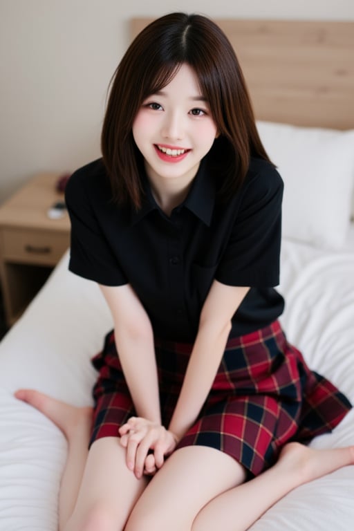 1girl, solo, looking at viewer, smile, short hair, skirt, brown hair, shirt, sitting, short sleeves, teeth, indoors, grin, plaid, black shirt, bed, on bed, plaid skirt, realistic