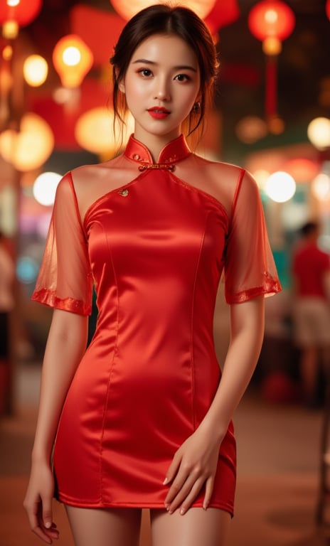 (A youthful & gorgeous Korean-Japanese beauty, Red Cheongsam Traditional Qipao dress, Pasar Malam, Night Market. Warm, soft-boiled lighting. Porcelain Complexion. Translucent silky sleeves. Short Ponytail. Ample round bosom, natural pose, kind smile. Masterpiece. Bokeh. SAFE FOR WORK.)