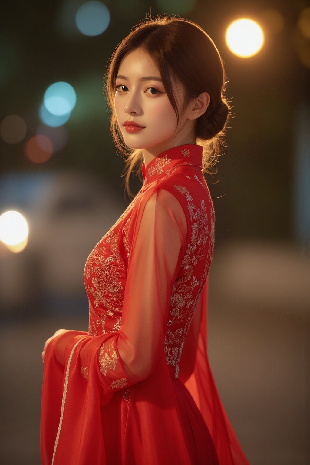 (A youthful & gorgeous Korean-Japanese beauty, Fashion model, Vibrant Red Traditional Qipao, Cheongsam, Chinese dress, Intricate patterns, Translucent silky sleeves, Outdoor, Night, Looking at the viewer, Natural pose, Kind smile, Feminine, gentle expression.

High quality, quality, high details, detail, super detailed, Beautiful detailed face, beautiful face, beautiful detailed facial features, beautiful detailed eyes, porcelain Complexion, short Bob Hair, Side Ponytail, Ample round bosom, hourglass figure, Anatomically correct, head-to-knee.

Warm, soft-boiled lighting, Spotlight, Cowboy shot，from behind, Award-winning, Masterpiece, Bokeh background, SAFE FOR WORK. SFW.)