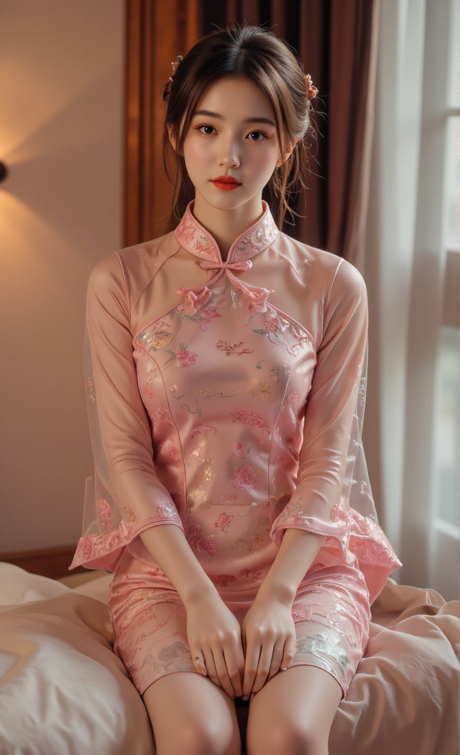 (A youthful & gorgeous Korean-Japanese beauty, Pink Cheongsam, Traditional Qipao dress, intricate patterns, Long Translucent silky sleeves. Indoor. Night. Sitting on a bed. Looking at the viewer. Natural pose, kind smile. 

award winning, anatomically correct, high quality, quality, high details, detail, super detailed, Beautiful detailed face. Beautiful detailed eyes. Beautiful detailed facial features. Porcelain Complexion. Short Bob Hair. Side Ponytail. Ample round bosom. Anatomically correct.

Warm, soft-boiled lighting. Masterpiece. Face Close-up. Cowboy shot. Head-to-toe. Bokeh. SAFE FOR WORK. SFW.)