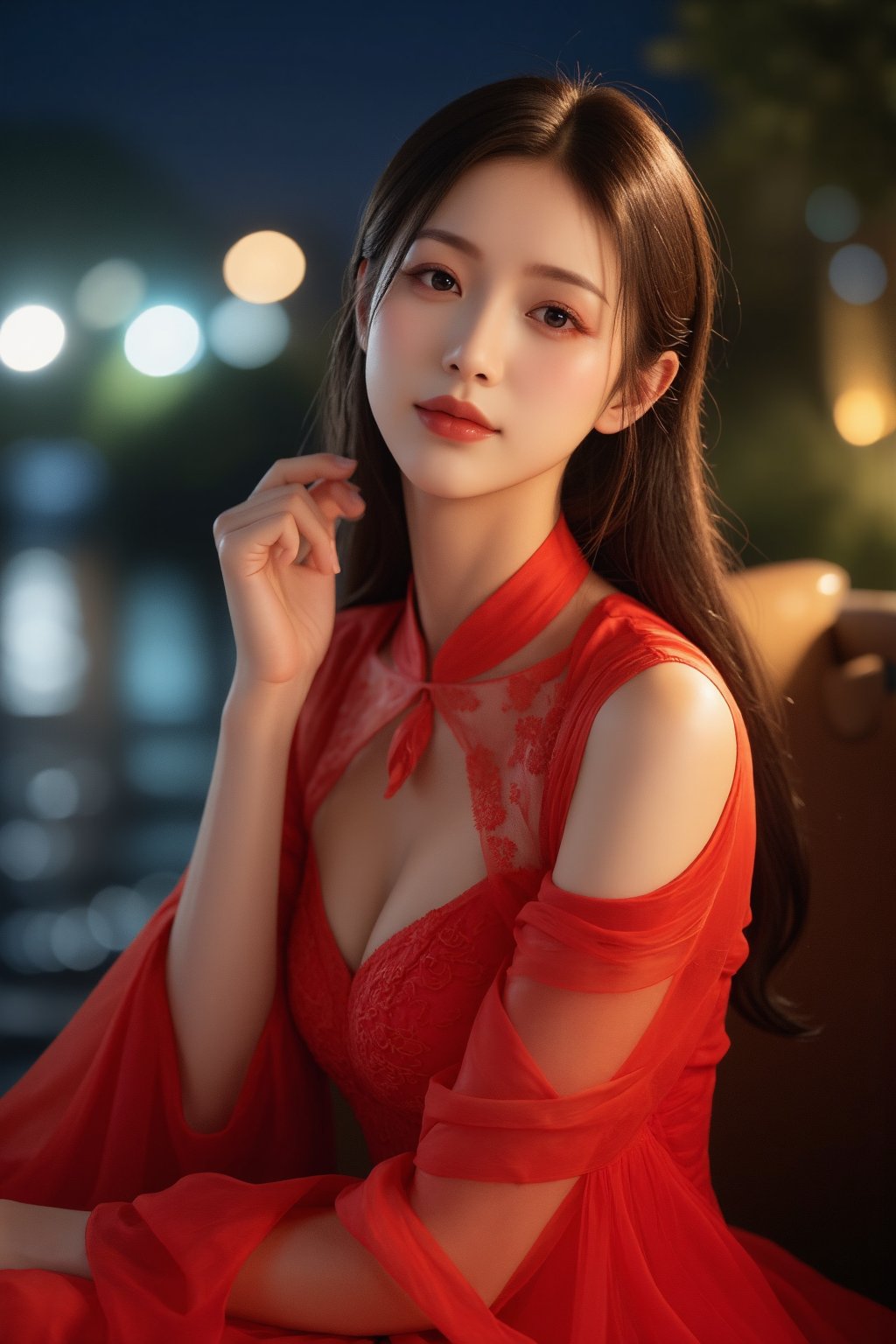 (A youthful & gorgeous Korean-Japanese beauty, Fashion model, Vibrant Red Traditional Qipao, Cheongsam, Chinese dress, Intricate patterns, Translucent silky sleeves, on a boat, river, Outdoor, Starry night, Looking at the viewer, Natural pose, Kind smile, Feminine, gentle expression.

High quality, quality, high details, detail, super detailed, Beautiful detailed face, beautiful face, beautiful detailed facial features, beautiful detailed eyes, porcelain Complexion, short Bob Hair, Side Ponytail, Ample round bosom, Anatomically correct, head-to-knee.

Cool lighting, Cowboy shot, Close-up shot, Award-winning, Masterpiece, Bokeh background, SAFE FOR WORK. SFW.)