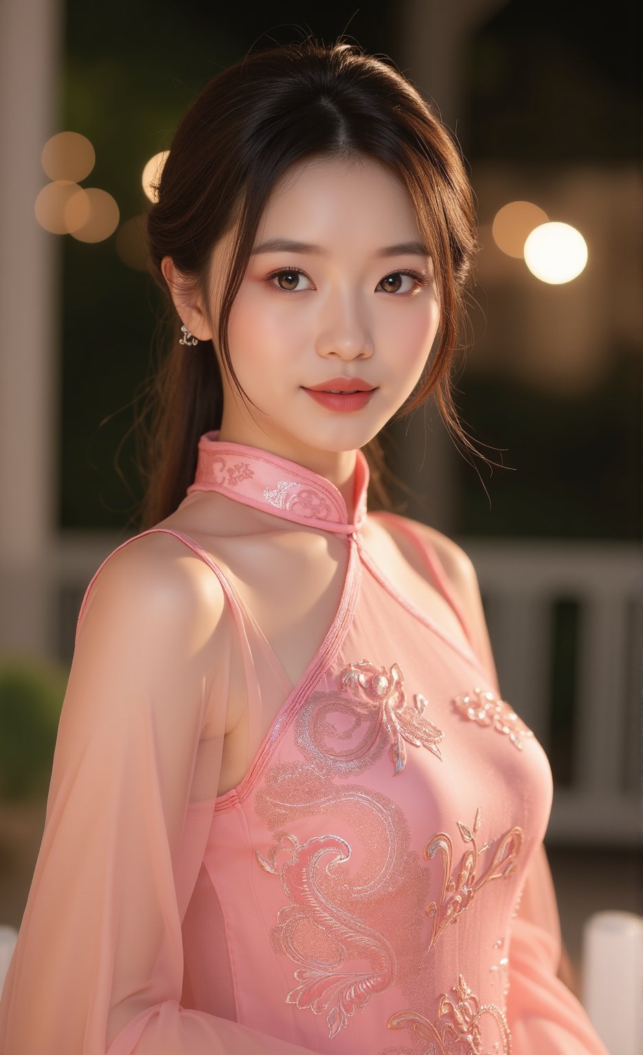 (A youthful & gorgeous Korean-Japanese beauty, fashion model. Pink Cheongsam, Traditional Qipao, Chinese dress, intricate patterns, Translucent silky sleeves. Outdoor. Night. Looking at the viewer. Natural pose. Kind smile. Feminine, gentle expression.

Award winning, anatomically correct, high quality, quality, high details, detail, super detailed, Beautiful detailed face. Beautiful detailed eyes. Beautiful detailed facial features. Beautiful Face. Porcelain Complexion. Short Bob Hair. Side Ponytail. Ample round bosom. Anatomically correct.

Warm, soft-boiled lighting. Spotlight. Masterpiece. Face Close-up. Cowboy shot. Head-to-toe. Bokeh background. SAFE FOR WORK. SFW.)