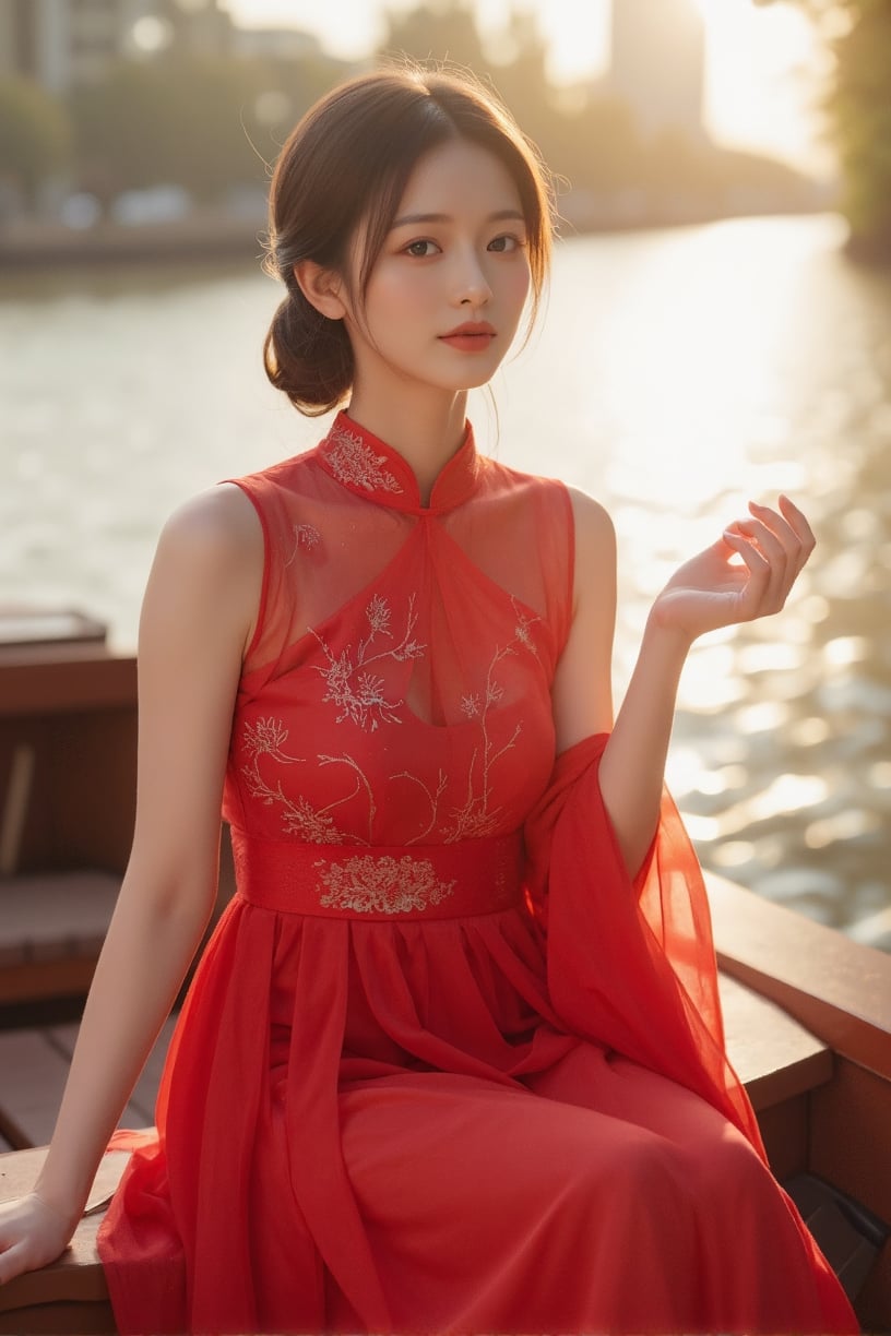 (A youthful & gorgeous Korean-Japanese beauty, Fashion model, Vibrant Red Traditional Qipao, Cheongsam, Chinese dress, Intricate patterns, Translucent silky sleeves, on a boat, river, Outdoor, Sunset, Looking at the viewer, Natural pose, Kind smile, Feminine, gentle expression.

High quality, quality, high details, detail, super detailed, Beautiful detailed face, beautiful face, beautiful detailed facial features, beautiful detailed eyes, porcelain Complexion, short Bob Hair, Side Ponytail, Ample round bosom, Anatomically correct, head-to-knee.

Cool lighting, Cowboy shot, Low Angle Shot, Award-winning, Masterpiece, Bokeh background, SAFE FOR WORK. SFW.)