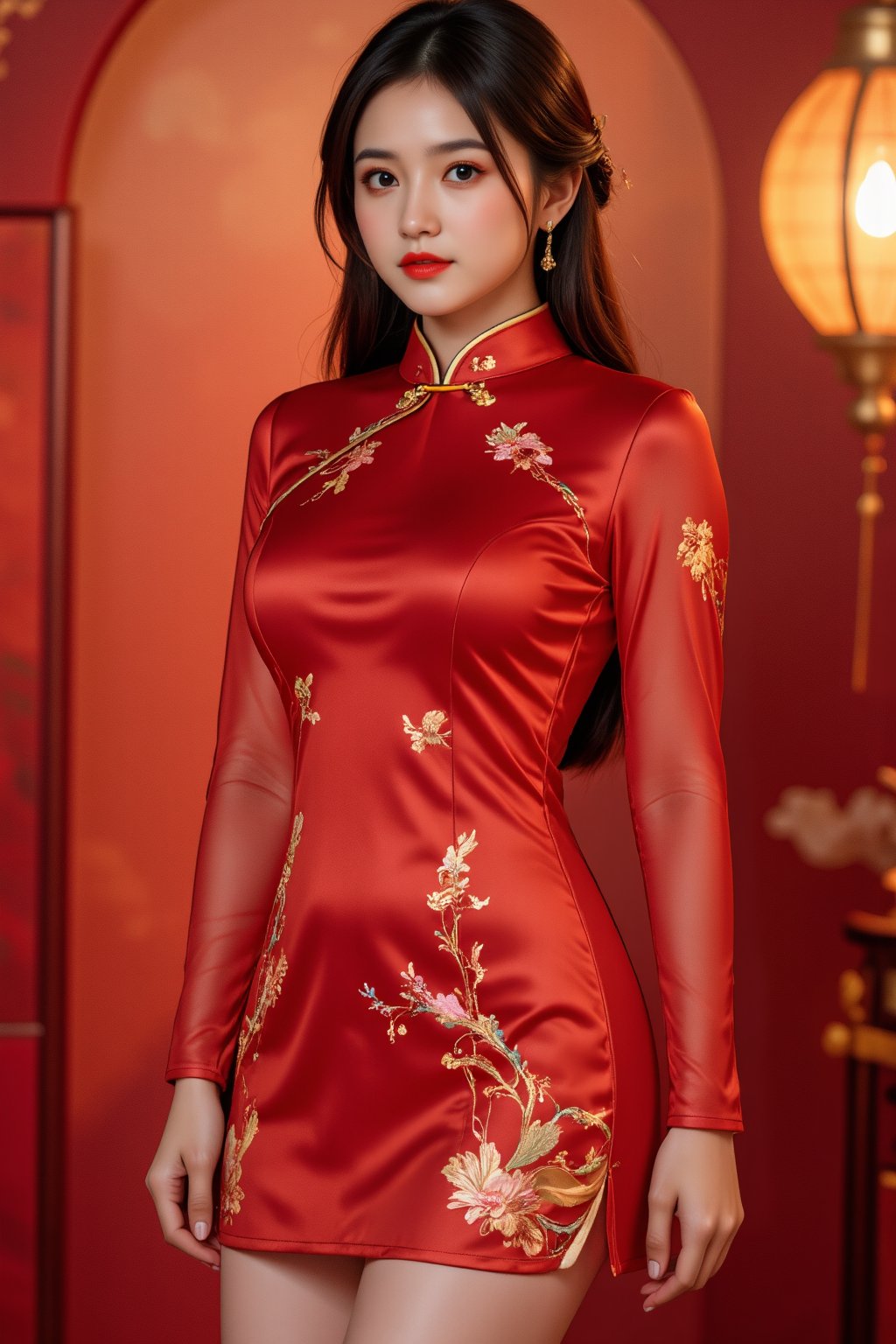 A tranquil Korean-Japanese beauty wears a stunning red cheongsam dress with intricate patterns, standing confidently beneath warm, soft-boiled lighting that accentuates her porcelain complexion. Her translucent silky long sleeves drape elegantly, framing her ample round bosom, sexy pose.