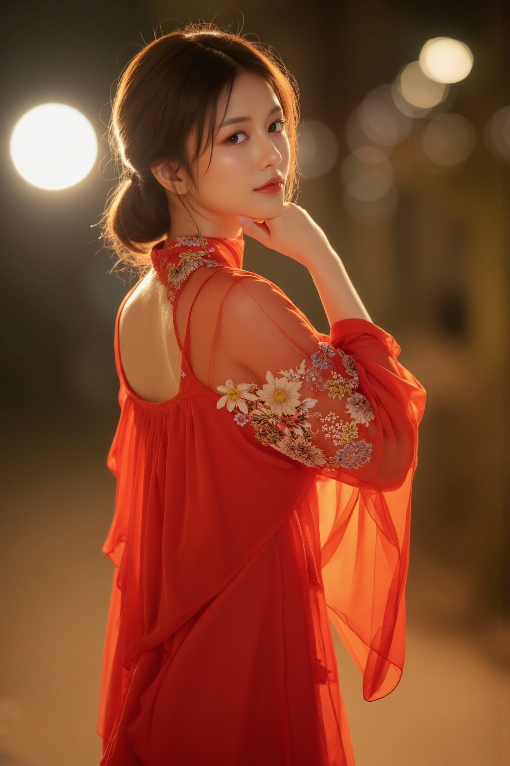 (A youthful & gorgeous Korean-Japanese beauty, Fashion model, Vibrant Red Traditional Qipao, Cheongsam, Chinese dress, Intricate patterns, Translucent silky sleeves, Outdoor, Night, Looking at the viewer, Natural pose, Kind smile, Feminine, gentle expression.

High quality, quality, high details, detail, super detailed, Beautiful detailed face, beautiful face, beautiful detailed facial features, beautiful detailed eyes, porcelain Complexion, short Bob Hair, Side Ponytail, Ample round bosom, hourglass figure, Anatomically correct, head-to-knee.

Warm, soft-boiled lighting, Spotlight, Cowboy shot，from behind, Award-winning, Masterpiece, Bokeh background, SAFE FOR WORK. SFW.)