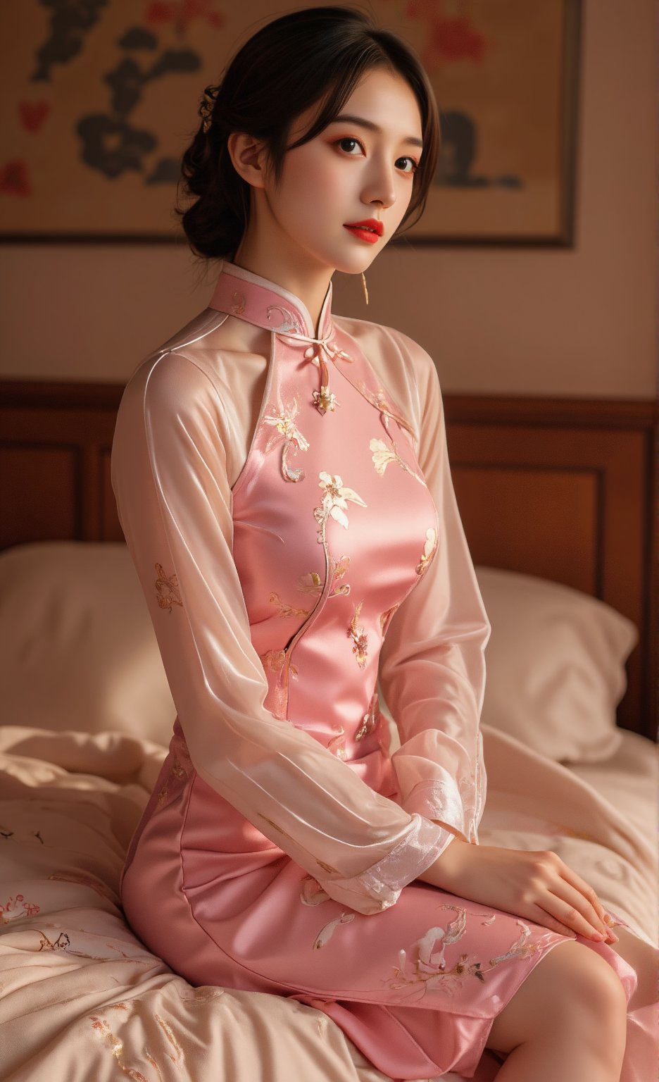 (A youthful & gorgeous Korean-Japanese beauty, Pink Cheongsam, Traditional Qipao dress, intricate patterns, Long Translucent silky sleeves. Indoor. Night. Sitting on a bed. Looking at the viewer. Natural pose, kind smile. 

award winning, anatomically correct, high quality, quality, high details, detail, super detailed, Beautiful detailed face. Beautiful detailed eyes. Beautiful detailed facial features. Porcelain Complexion. Short Bob Hair. Side Ponytail. Ample round bosom. Anatomically correct.

Warm, soft-boiled lighting. Masterpiece. Face Close-up. Cowboy shot. Head-to-toe. Bokeh. SAFE FOR WORK. SFW.)