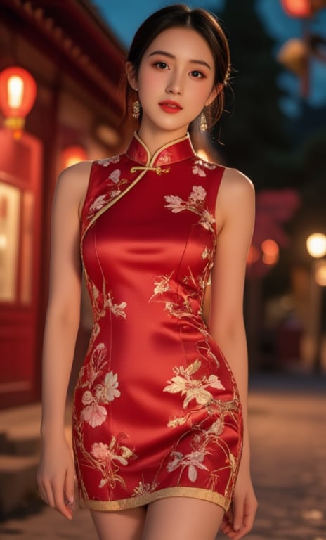 (A youthful & gorgeous Korean-Japanese beauty, Red Cheongsam, Traditional Qipao dress, intricate patterns, Translucent silky sleeves. Outdoor walk, Night Sky. From side. Looking at the viewer.

Details. High Details. Beautiful detailed face. Beautiful detailed eyes. Beautiful detailed facial features. Porcelain Complexion. Short Bob Hair. Side Ponytail. Red High heels. Ample round bosom. Anatomically correct. Natural pose, kind smile. 

 Warm, soft-boiled lighting. Masterpiece. Head-to-toe. Bokeh. SAFE FOR WORK. SFW.)