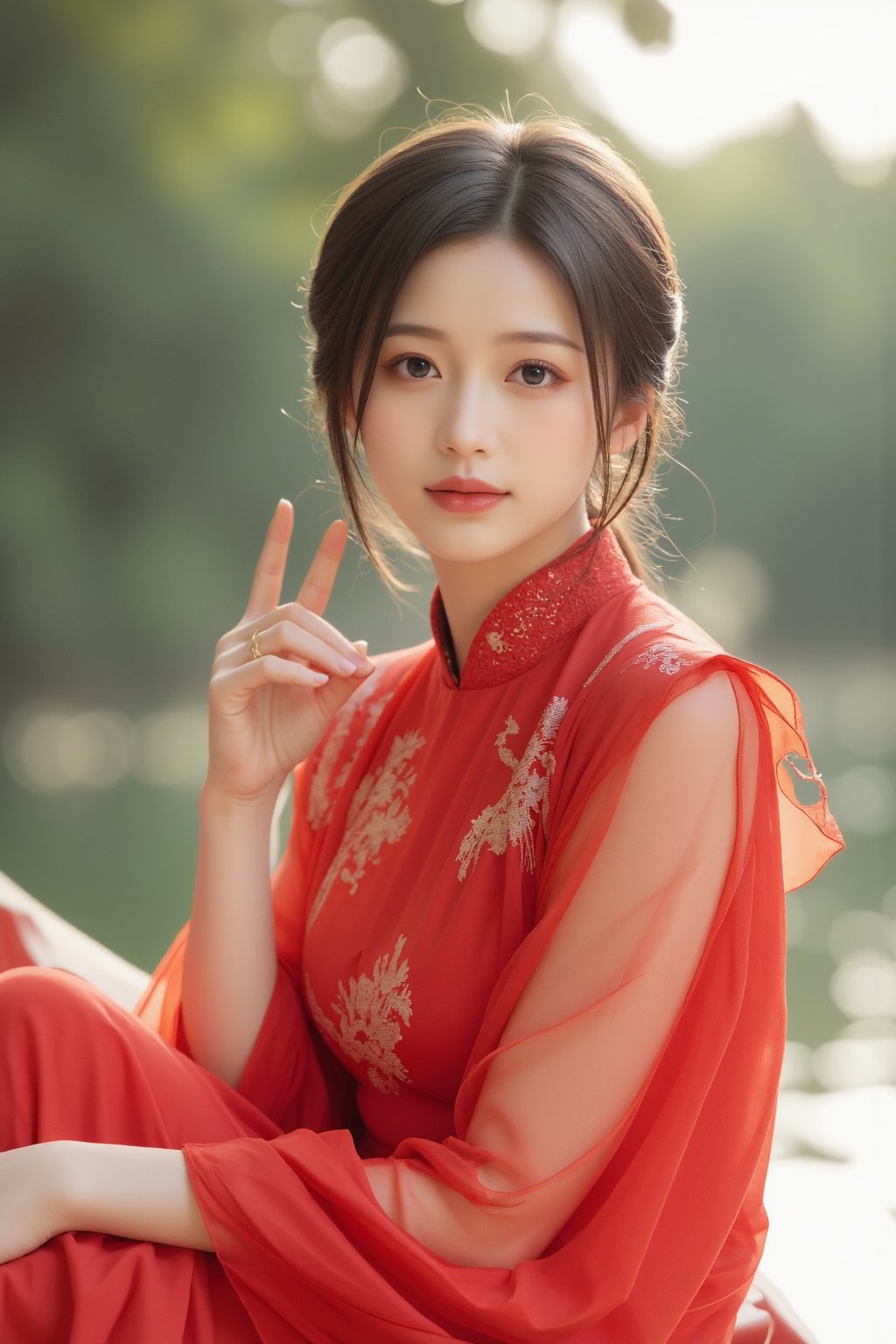 (A youthful & gorgeous Korean-Japanese beauty, Fashion model, Vibrant Red Traditional Qipao, Cheongsam, Chinese dress, Intricate patterns, Translucent silky sleeves, on a boat, river, Outdoor, Morning Dawn, Looking at the viewer, Natural pose, Kind smile, Feminine, gentle expression.

High quality, quality, high details, detail, super detailed, Beautiful detailed face, beautiful face, beautiful detailed facial features, beautiful detailed eyes, porcelain Complexion, short Bob Hair, Side Ponytail, Ample round bosom, Hourglass Figure, Anatomically correct, head-to-knee.

Natural lighting, Vivid Colours, Cowboy shot, Award-winning, Masterpiece, Bokeh background, SAFE FOR WORK. SFW.)