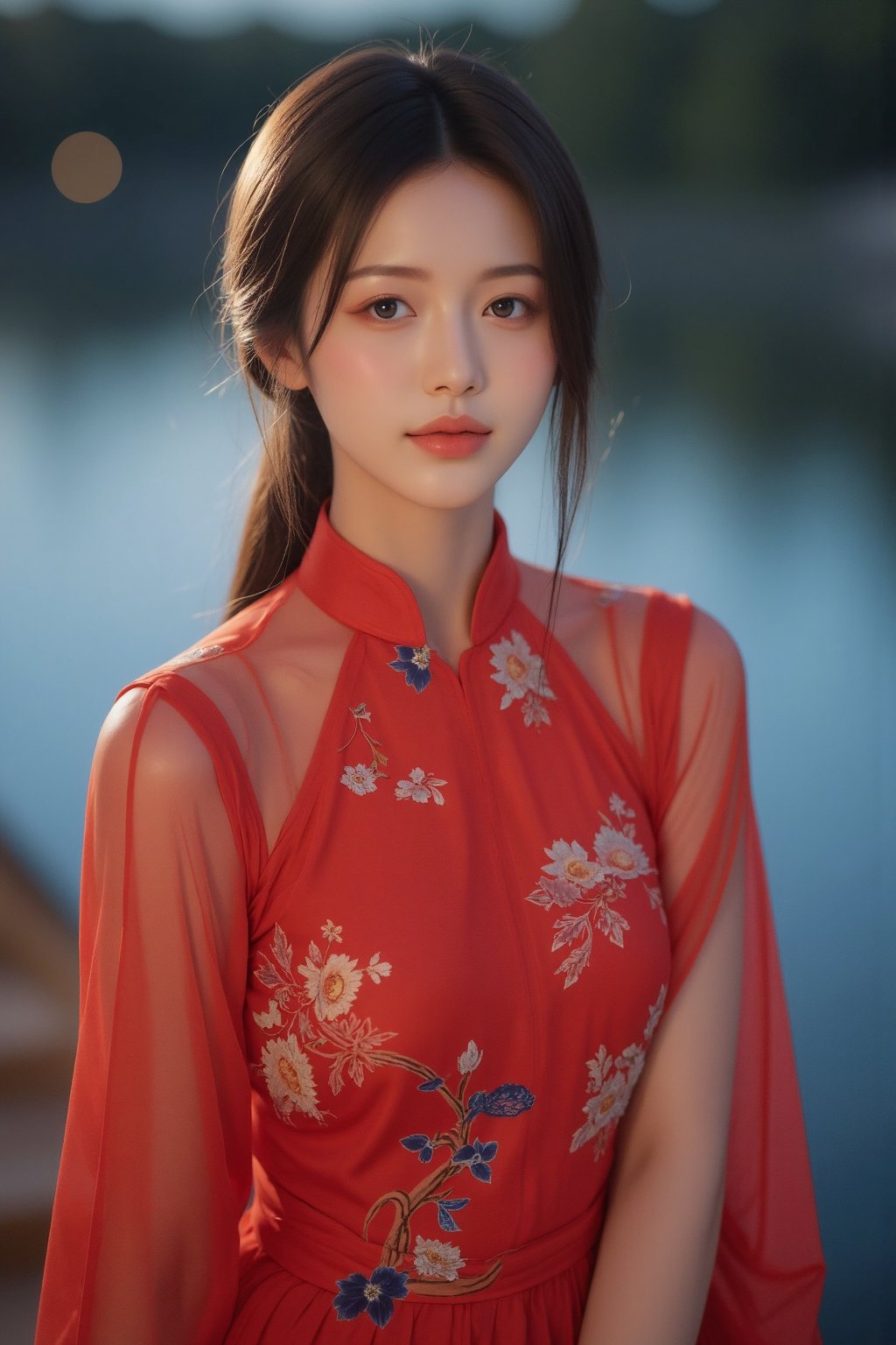 (A youthful & gorgeous Korean-Japanese beauty, Fashion model, Vibrant Red Traditional Qipao, Cheongsam, Chinese dress, Intricate patterns, Translucent silky sleeves, on a boat, river, Outdoor, Starry night, Looking at the viewer, Natural pose, Kind smile, Feminine, gentle expression.

High quality, quality, high details, detail, super detailed, Beautiful detailed face, beautiful face, beautiful detailed facial features, beautiful detailed eyes, porcelain Complexion, short Bob Hair, Side Ponytail, Ample round bosom, Anatomically correct, head-to-knee.

Cool lighting, Cowboy shot, Close-up shot, Award-winning, Masterpiece, Bokeh background, SAFE FOR WORK. SFW.)