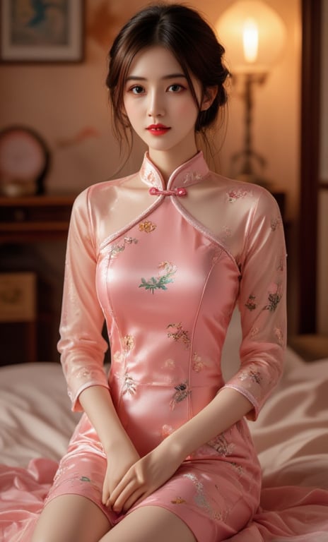 (A youthful & gorgeous Korean-Japanese beauty, Pink Cheongsam, Traditional Qipao dress, intricate patterns, Long Translucent silky sleeves. Indoor. Night. Sitting on a bed. Looking at the viewer. Natural pose, kind smile. 

award winning, anatomically correct, high quality, quality, high details, detail, super detailed, Beautiful detailed face. Beautiful detailed eyes. Beautiful detailed facial features. Porcelain Complexion. Short Bob Hair. Side Ponytail. Ample round bosom. Anatomically correct.

Warm, soft-boiled lighting. Masterpiece. Face Close-up. Cowboy shot. Head-to-toe. Bokeh. SAFE FOR WORK. SFW.)