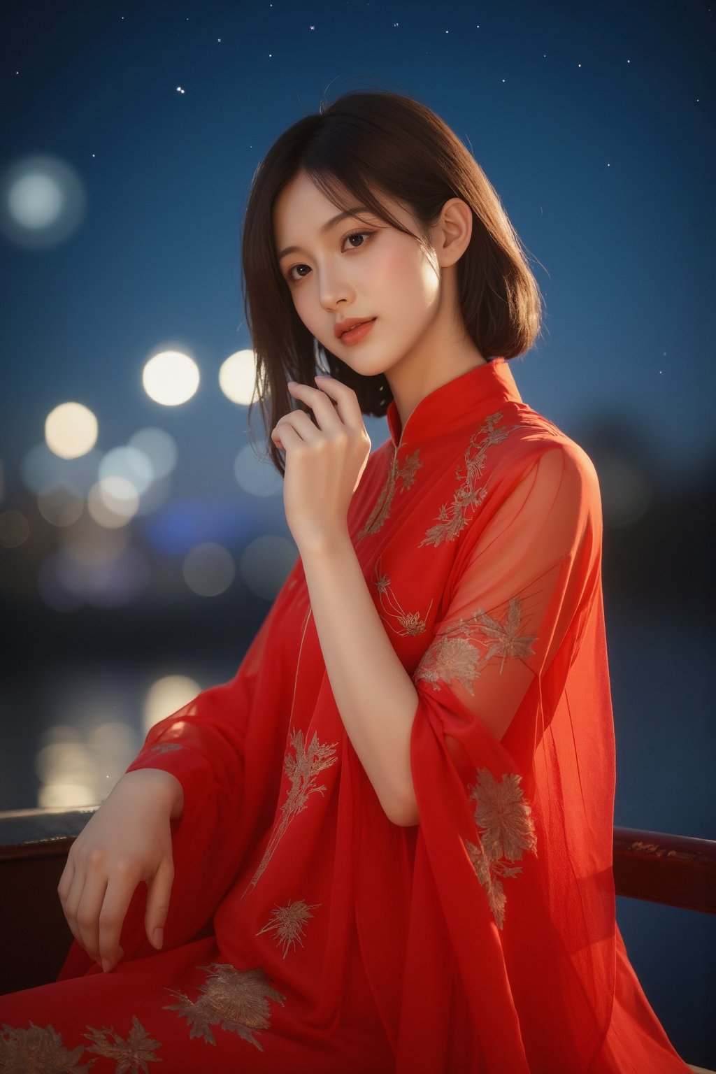 (A youthful & gorgeous Korean-Japanese beauty, Fashion model, Vibrant Red Traditional Qipao, Cheongsam, Chinese dress, Intricate patterns, Translucent silky sleeves, on a boat, river, Outdoor, Starry night, Looking at the viewer, Natural pose, Kind smile, Feminine, gentle expression.

High quality, quality, high details, detail, super detailed, Beautiful detailed face, beautiful face, beautiful detailed facial features, beautiful detailed eyes, porcelain Complexion, short Bob Hair, Side Ponytail, Ample round bosom, Anatomically correct, head-to-knee.

Cool lighting, Cowboy shot, Close-up shot, Award-winning, Masterpiece, Bokeh background, SAFE FOR WORK. SFW.)