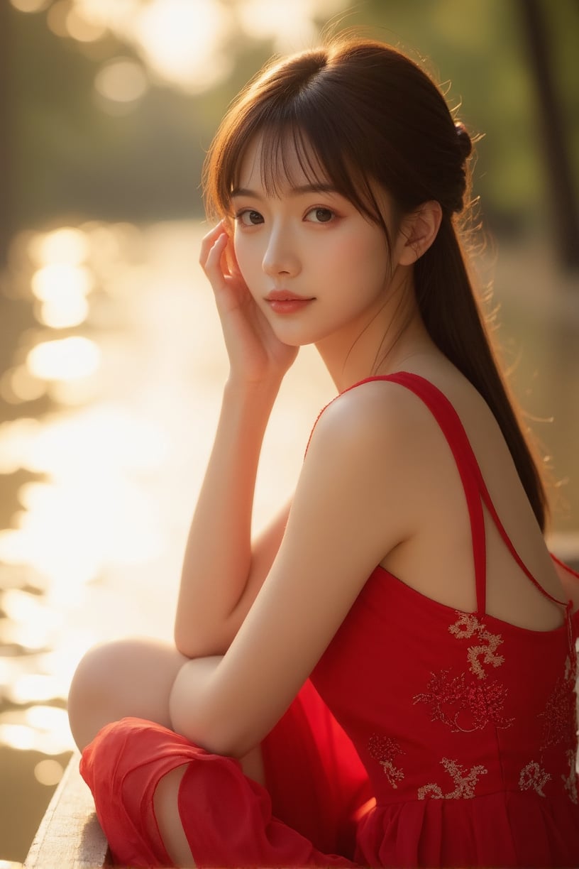 (A youthful & gorgeous Korean-Japanese beauty, Fashion model, Vibrant Red Traditional Qipao, Cheongsam, Chinese dress, Intricate patterns, Translucent silky sleeves, on a boat, river, Outdoor, Sunset, Looking at the viewer, Natural pose, Kind smile, Feminine, gentle expression.

High quality, quality, high details, detail, super detailed, Beautiful detailed face, beautiful face, beautiful detailed facial features, beautiful detailed eyes, porcelain Complexion, short Bob Hair, Side Ponytail, Ample round bosom, Anatomically correct, head-to-knee.

Cool lighting, Cowboy shot, Low Angle Shot, Award-winning, Masterpiece, Bokeh background, SAFE FOR WORK. SFW.)