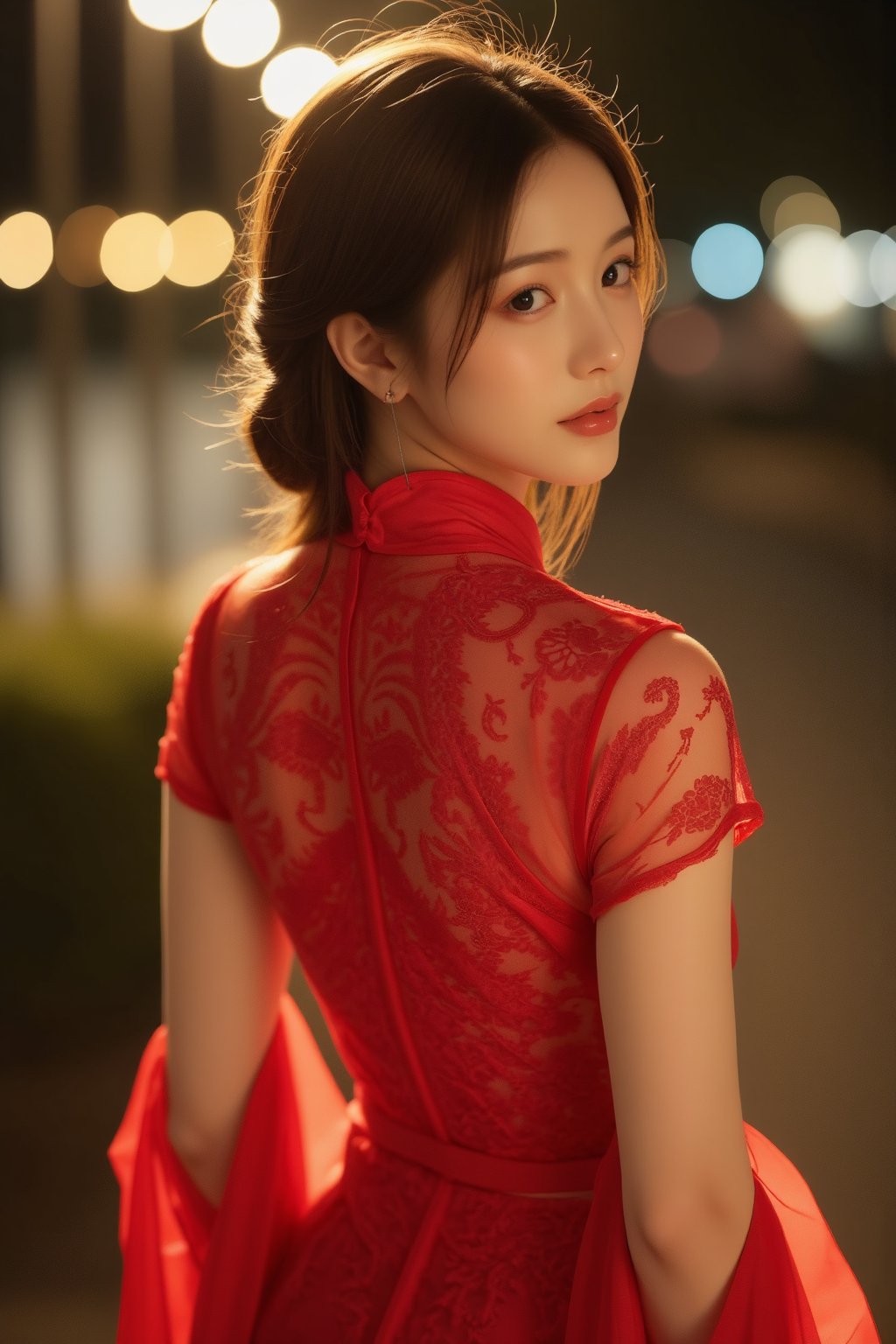 (A youthful & gorgeous Korean-Japanese beauty, Fashion model, Vibrant Red Traditional Qipao, Cheongsam, Chinese dress, Intricate patterns, Translucent silky sleeves, Outdoor, Night, Looking at the viewer, Natural pose, Kind smile, Feminine, gentle expression.

High quality, quality, high details, detail, super detailed, Beautiful detailed face, beautiful face, beautiful detailed facial features, beautiful detailed eyes, porcelain Complexion, short Bob Hair, Side Ponytail, Ample round bosom, Anatomically correct, head-to-knee.

Warm, soft-boiled lighting, Spotlight, Cowboy shot，Close-up Shot, from behind, Award-winning, Masterpiece, Bokeh background, SAFE FOR WORK. SFW.)