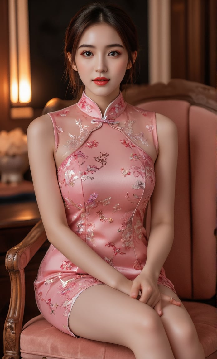 (A youthful & gorgeous Korean-Japanese beauty, fashion model, feminine beauty. Pink Cheongsam, Traditional Qipao, Chinese dress, intricate patterns, Translucent silky sleeves. Indoor professional photoshoot. Night. Sitting on chair. Looking at the viewer. Natural pose. Kind smile. 

Award winning, anatomically correct, high quality, quality, high details, detail, super detailed, Beautiful detailed face. Beautiful detailed eyes. Beautiful detailed facial features. Beautiful Face. Porcelain Complexion. Short Bob Hair. Side Ponytail. Ample round bosom. Anatomically correct.

Warm, soft-boiled lighting. Spotlight. Masterpiece. Face Close-up. Cowboy shot. Head-to-toe. Bokeh background. SAFE FOR WORK. SFW.)