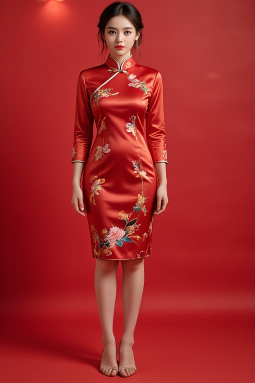 A tranquil Korean-Japanese beauty wears a stunning red cheongsam dress with intricate patterns, standing confidently beneath warm, soft-boiled lighting that accentuates her porcelain complexion. Her translucent silky long sleeves drape elegantly, framing her ample round bosom, sexy pose.