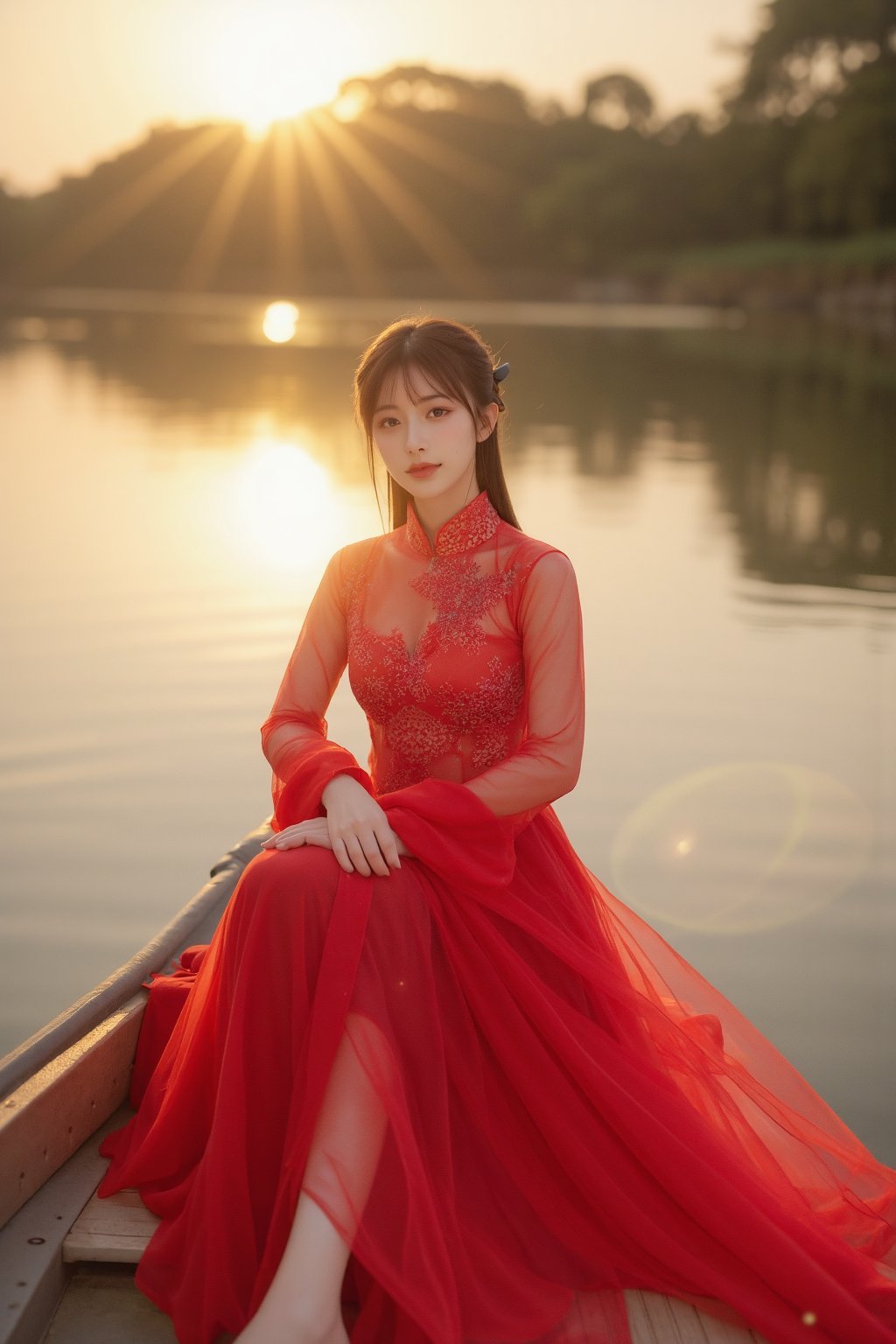 (A youthful & gorgeous Korean-Japanese beauty, Fashion model, Vibrant Red Traditional Qipao, Cheongsam, Chinese dress, Intricate patterns, Translucent silky sleeves, on a boat, river, Outdoor, Sunset, Looking at the viewer, Natural pose, Kind smile, Feminine, gentle expression.

High quality, quality, high details, detail, super detailed, Beautiful detailed face, beautiful face, beautiful detailed facial features, beautiful detailed eyes, porcelain Complexion, short Bob Hair, Side Ponytail, Ample round bosom, Anatomically correct, head-to-knee.

Cool lighting, Cowboy shot, Low Angle Shot, Award-winning, Masterpiece, Bokeh background, SAFE FOR WORK. SFW.)