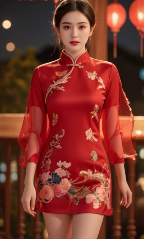 (A youthful & gorgeous Korean-Japanese beauty, Red Cheongsam, Traditional Qipao, 旗袍, intricate patterns, Translucent silky sleeves. Outdoor walk, Night Sky. Looking at the viewer.

award winning, anatomically correct, high quality, quality, high details, detail, super detailed, Beautiful detailed face. Beautiful detailed eyes. Beautiful detailed facial features. Porcelain Complexion. Short Bob Hair. Side Ponytail. Red High heels. Ample round bosom. hourglass figure. Anatomically correct. Natural pose, kind smile. 

Warm, soft-boiled lighting. Masterpiece. Head-to-toe. Bokeh. SAFE FOR WORK. SFW.)