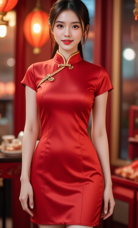 (A youthful & gorgeous Korean-Japanese beauty, Red Cheongsam Traditional Qipao dress, Pasar Malam, Night Market. Warm, soft-boiled lighting. Porcelain Complexion. Translucent silky sleeves. Short Ponytail. Ample round bosom, natural pose, kind smile. Masterpiece. Bokeh. SAFE FOR WORK.)