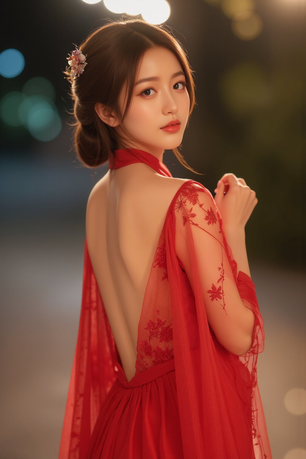 (A youthful & gorgeous Korean-Japanese beauty, Fashion model, Vibrant Red Traditional Qipao, Cheongsam, Chinese dress, Intricate patterns, Translucent silky sleeves, Outdoor, Night, Looking at the viewer, Natural pose, Kind smile, Feminine, gentle expression.

High quality, quality, high details, detail, super detailed, Beautiful detailed face, beautiful face, beautiful detailed facial features, beautiful detailed eyes, porcelain Complexion, short Bob Hair, Side Ponytail, Ample round bosom, Anatomically correct, head-to-knee.

Warm, soft-boiled lighting, Spotlight, Cowboy shot，Close-up Shot, from behind, Award-winning, Masterpiece, Bokeh background, SAFE FOR WORK. SFW.)