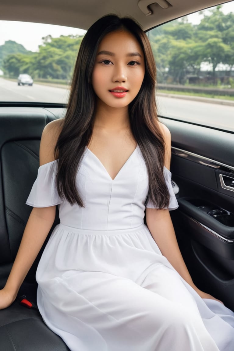 Panoramic shot of beautiful slender Asian model girl, eager and playful, wearing a white graduation dress casually casually reclining on  the passenger seat in the detailed black car, long straight hair, highly-detailed. Magazine cover, photography, ,realistic,character,style, base model,