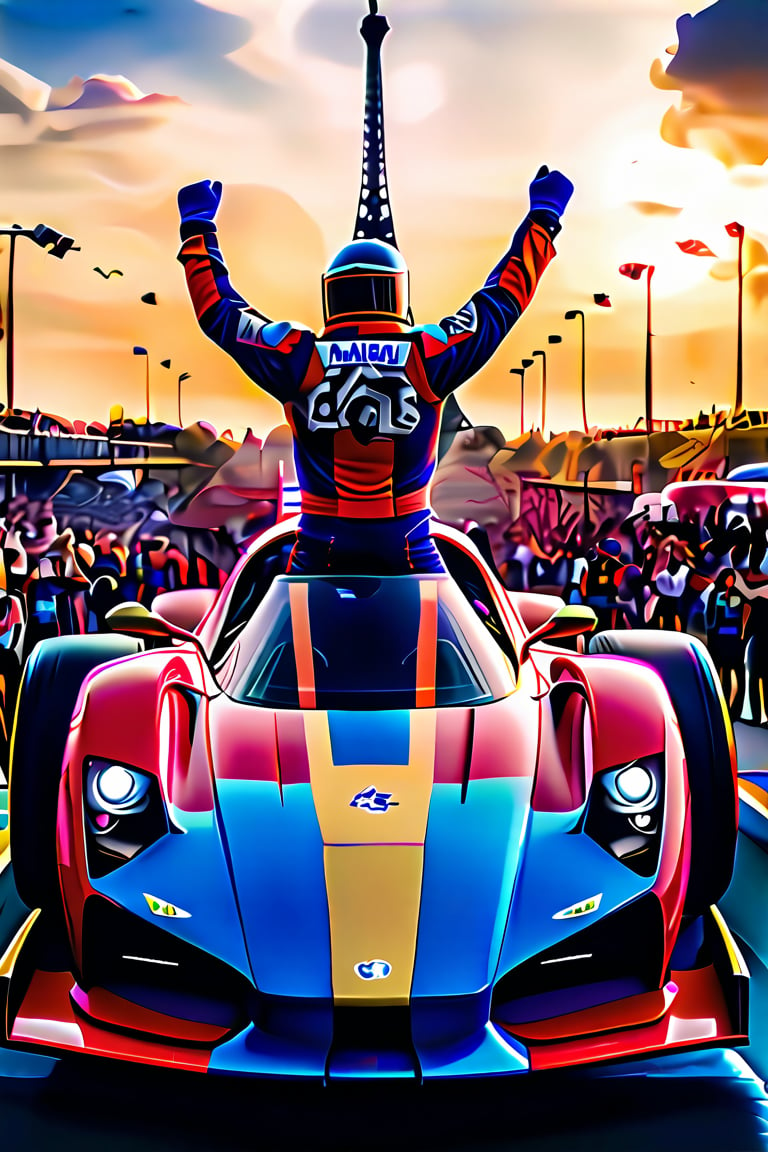 A victorious racing driver stands proudly on the podium of their high-tech racing car, helmet held aloft as a triumphant gesture amidst a frenzied crowd overflowing onto the undulating grandstand tiers. The driver's bold, vibrant racing attire shines like a beacon, illuminated by the enthusiastic cheers of fans. In the distant background, the Eiffel Tower's iconic iron latticework rises majestically, its presence amplified by the electric atmosphere and the sea of fervent supporters.