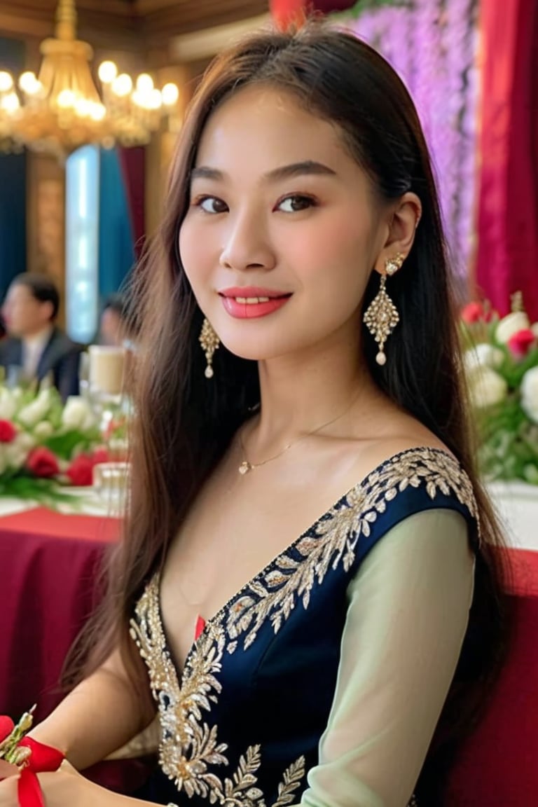 A stunning photorealistic portrait of a slender, young Asian woman with long hair, sitting amidst a lavish wedding reception backdrop. Her natural beauty shines through her playful smirk and detailed face, accentuated by elegant earrings. The masterful photography captures every nuance, from the subtle curves of her body to the intricate textures of her hair. In ultra-high definition (8K), this masterpiece presents an awe-inspiring vision of loveliness, inviting the viewer to revel in its photorealistic splendor.