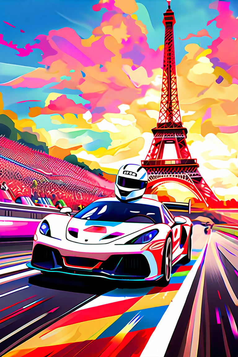 A speeding sensation perched atop a sleek racing machine, triumphant helmet held high amidst a sea of frenzied fans spilling onto the grandstand's undulating tiers. Bold, vibrant racing attire shines like a beacon as the crowd erupts in jubilant cheers. In the distant backdrop, the Eiffel Tower's iconic iron latticework rises majestically, its presence amplified by the electric atmosphere.