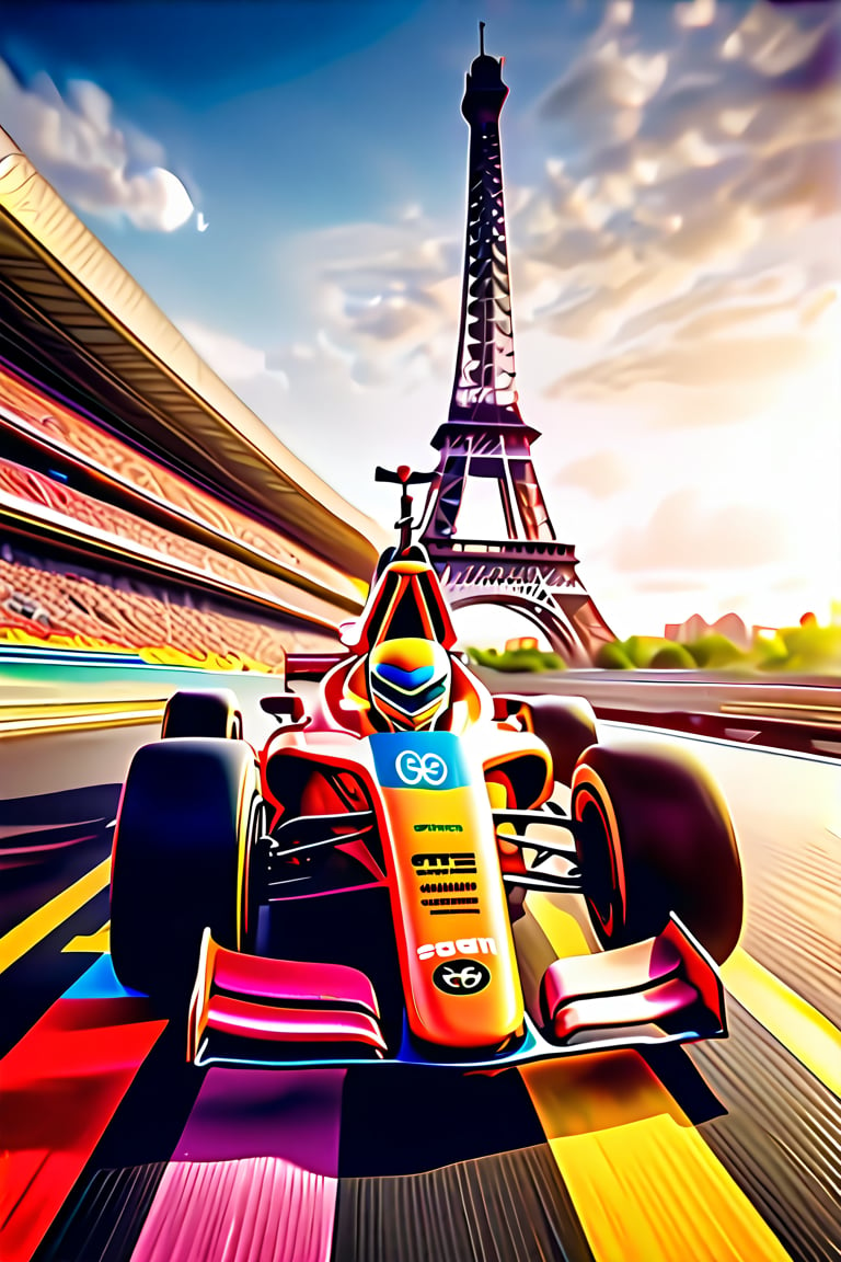 A speeding sensation perched atop a sleek racing machine, triumphant helmet held high amidst a sea of frenzied fans spilling onto the grandstand's undulating tiers. Bold, vibrant racing attire shines like a beacon as the crowd erupts in jubilant cheers. In the distant backdrop, the Eiffel Tower's iconic iron latticework rises majestically, its presence amplified by the electric atmosphere.