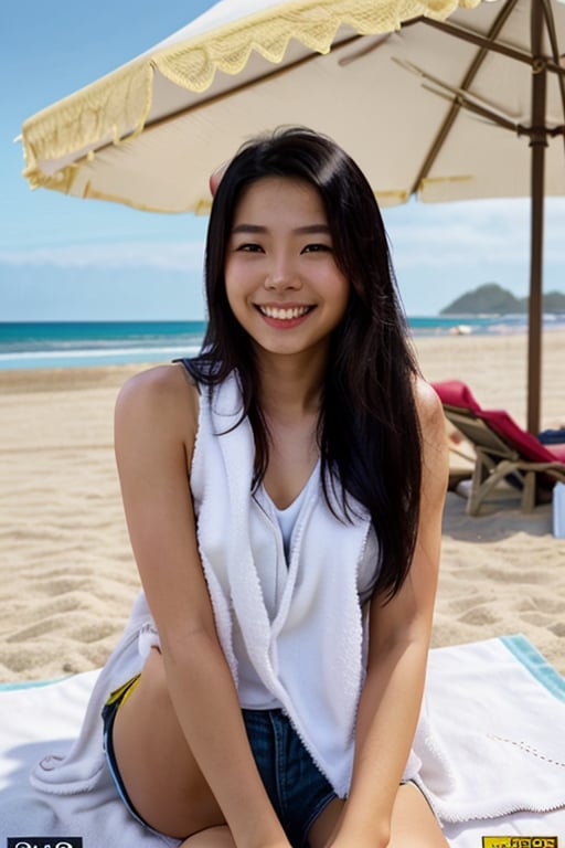 Realistic upper body photo of a young Asian woman with gorgeous long hair wearing casual attire sitting on towel at the beach under a beach umbrella, and yellow cap, smiles, best quality, photography quality, 8k, Extremely Realistic,more detail XL, Magazine cover with text saying "Thanks for 100 likes",Pretty, photorealism