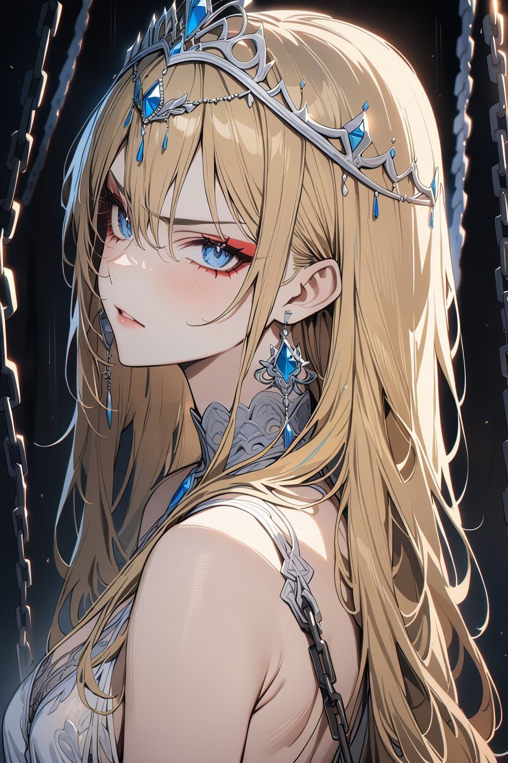 (8K,masterpiece, best quality) serious, angry, long hair, golden hair, makeup, blue eyes, looking back, revealing white night gown, earrings, eyeliner, tiaras, detail face, beautiful eyes, portrait, more detail XL, full body, chained, chains