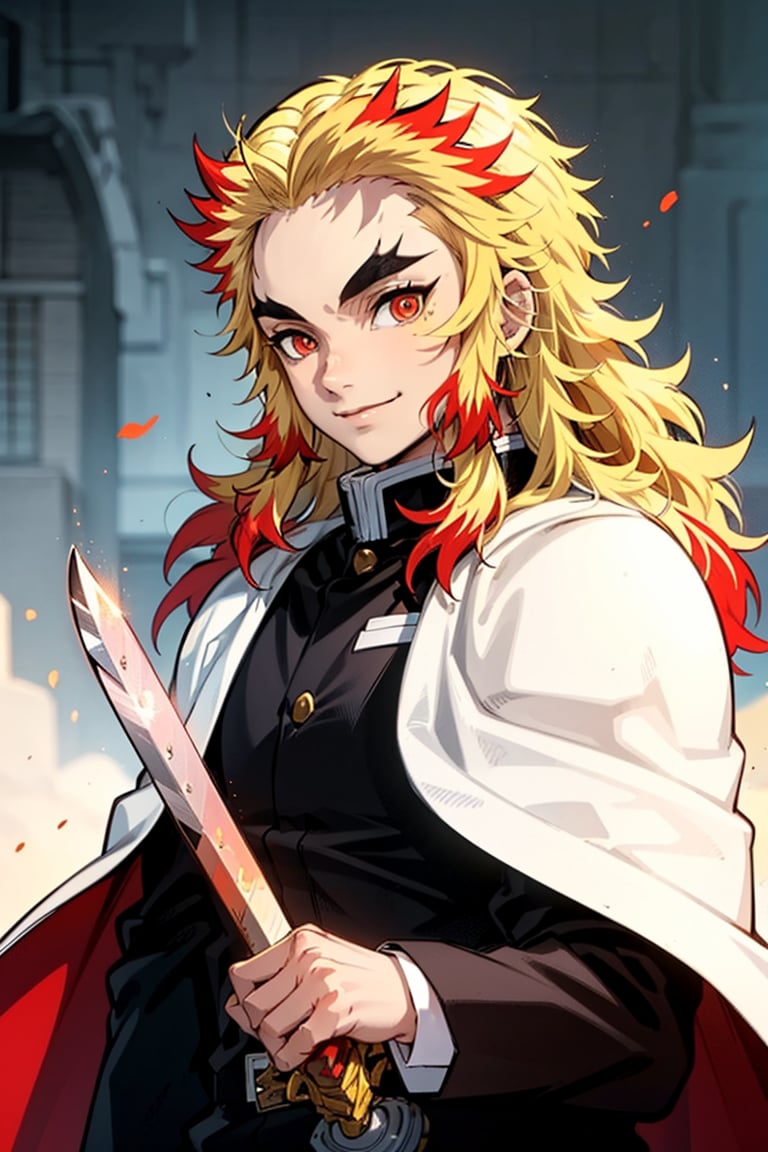 solo, long hair, looking at viewer, smile, blonde hair, red eyes, 1boy, closed mouth, open jacket, muscular upper body, weapon, male focus, red hair, multicolored hair, sword, cape, orange hair, two-tone hair, black jacket, thick eyebrows, white cape, demon slayer uniform, forked eyebrows, rengoku kyoujurou