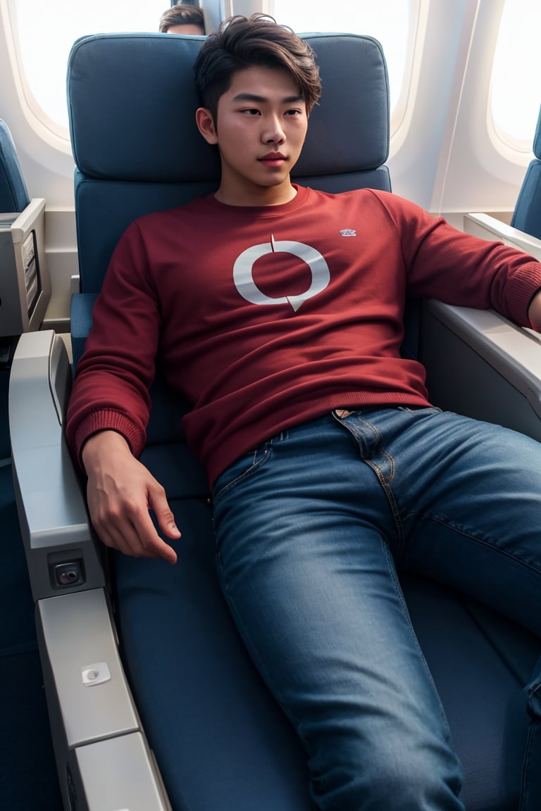 masterpiece, 1 slim boy, 28 years old, Look at me, young Asian boys, Handsome brown hair Asian boys,, wearing casual warm clothes, t shirt and jean, laying on airplane sofa, lying on the airplane chair, . In an aeroplane, in an airplane background, cinematic lighting, UHD,Extra Realistic XL,flash