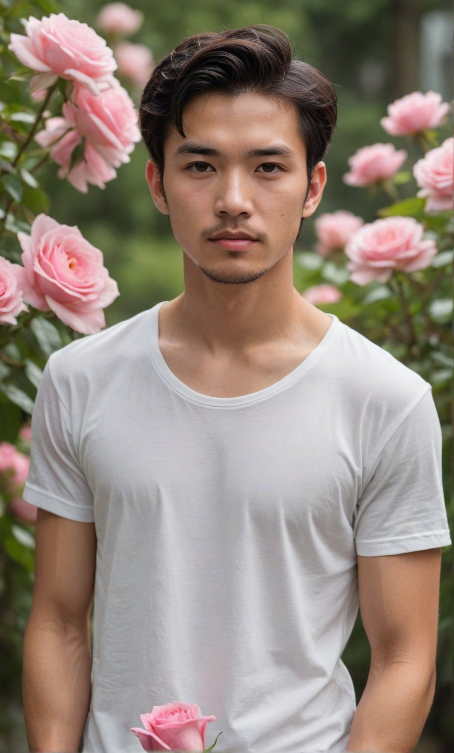 solo, looking at viewer, short hair, wearing no shirt, black hair, 1boy, white shirt, upper body, flower, short sleeves, male focus, outdoors, day, blurry, black eyes, blurry background, rose, facial hair, t-shirt, pink flower, bouquet, realistic, pink rose,Handsome  Taiwanese 