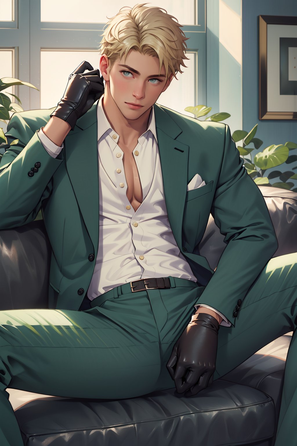 loid_forger, solo, looking at viewer, short hair, blue eyes, blonde hair, gloves, 1boy, jacket, white shirt, male focus, black gloves, pants, indoors, spread legs, open jacket, muscular, formal, abs, suit, pectorals, couch, green jacket, unbuttoned, green pants, 