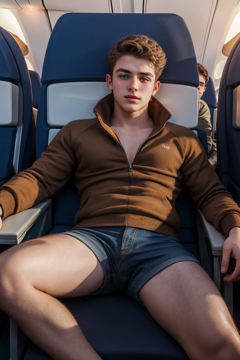 masterpiece, 1 slim boy, 18 years old, Look at me, young boys, Handsome brown hair boys,, wearing casual warm clothes, laying on airplane sofa, lying on the airplane chair, . In an aeroplane, in an airplane background, cinematic lighting, UHD,Extra Realistic XL,flash