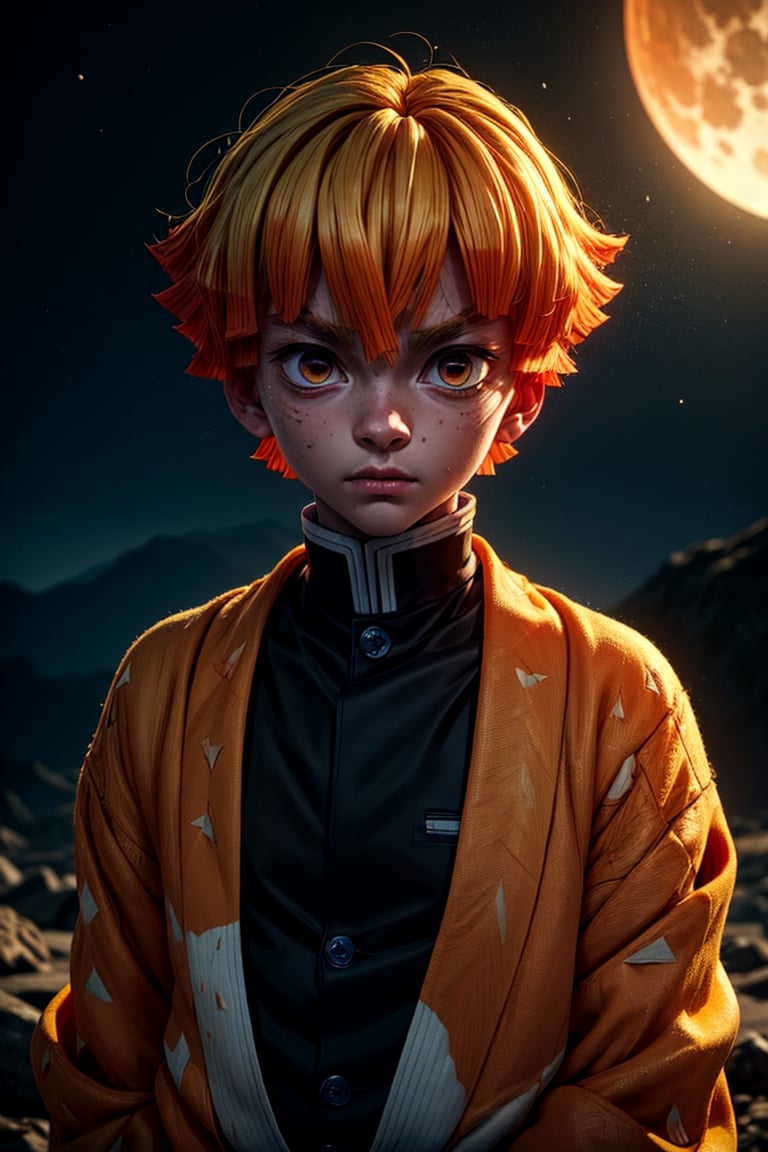 sharp focus, dynamic, (natural skin texture, hyperrealism:1.25), (skinny:1.25),portrait of Zenitsu, 1boy , looking at viewer, serius face, empty look, dinamic pose, dinamic hair, orange hair-streaks, short hair, very low angle, looking at camera, pale skin, staring, full body, moon background, perfecteyes, *see the examples*,r1ge,flaming eye, yellow clothes, ,bangs,agatsuma_zenitsu,weapon,*see the examples*